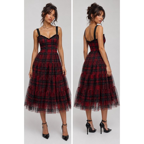 Betsey Johnson Dresses & Skirts - Betsey Johnson Plaid Mesh Tulle Tiered Midi Dress 4 Tartan Romantic Goth 90s